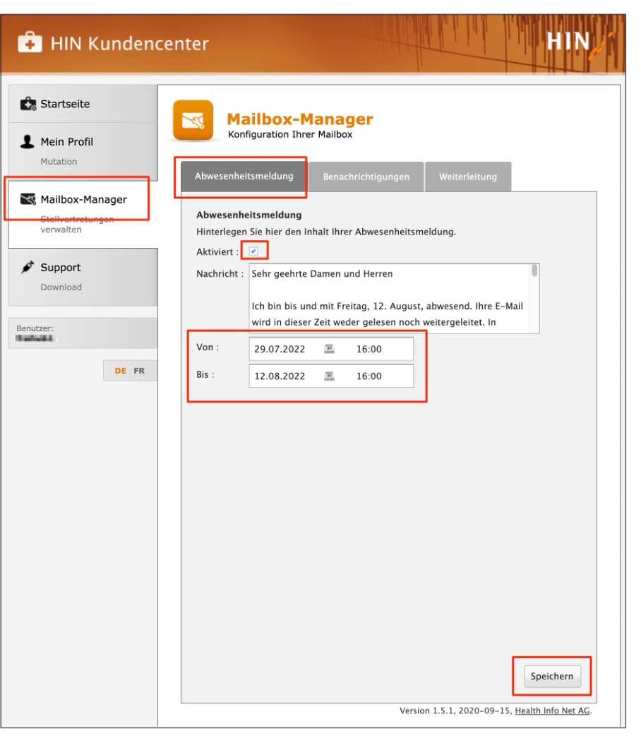 Screenshot Abwesenheitsmeldung einrichten