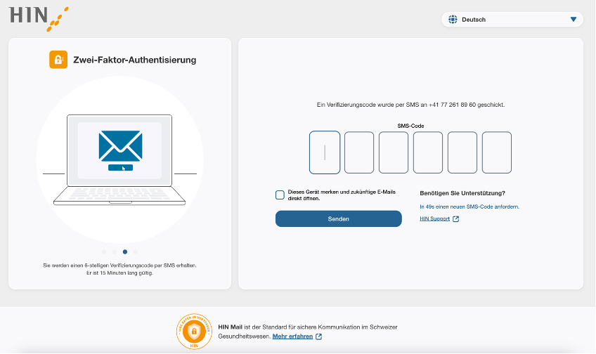 HIN Mail an Nichtmitglieder: SMS-Code eingeben