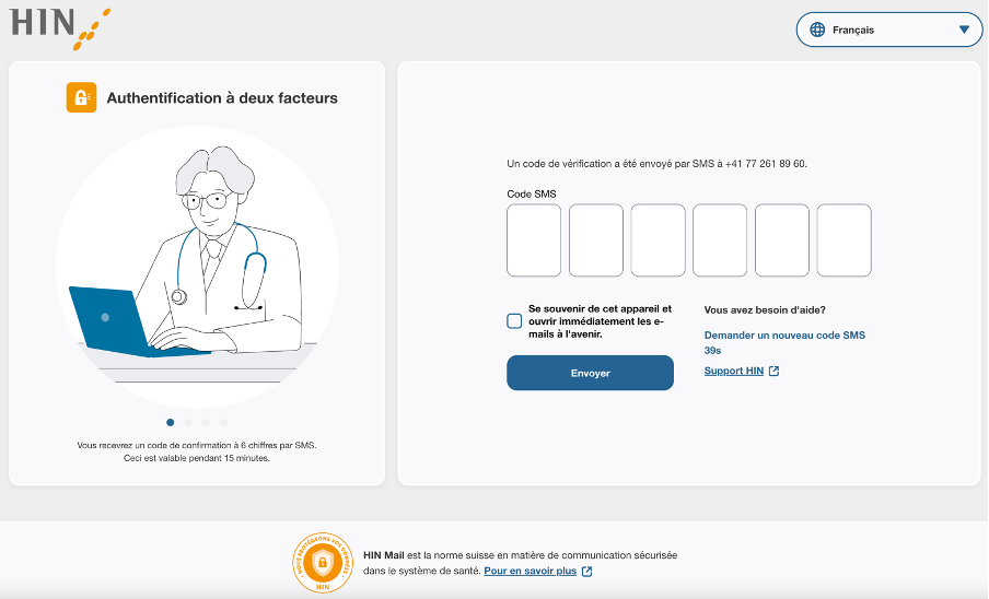 HIN Mail aux non-membres : Saisir le code SMS