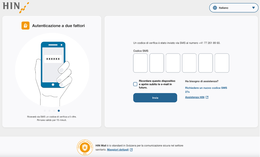 HIN Mail per i non soci: inserire il codice SMS