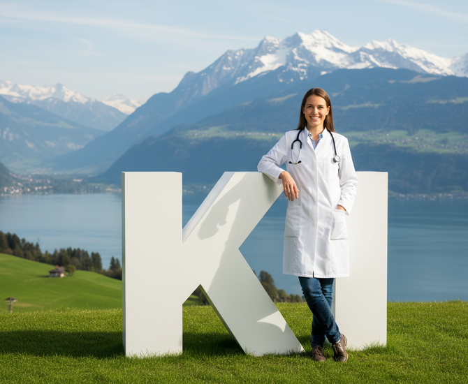 Ärztin vor Alpenpanorama mit Schriftzug 