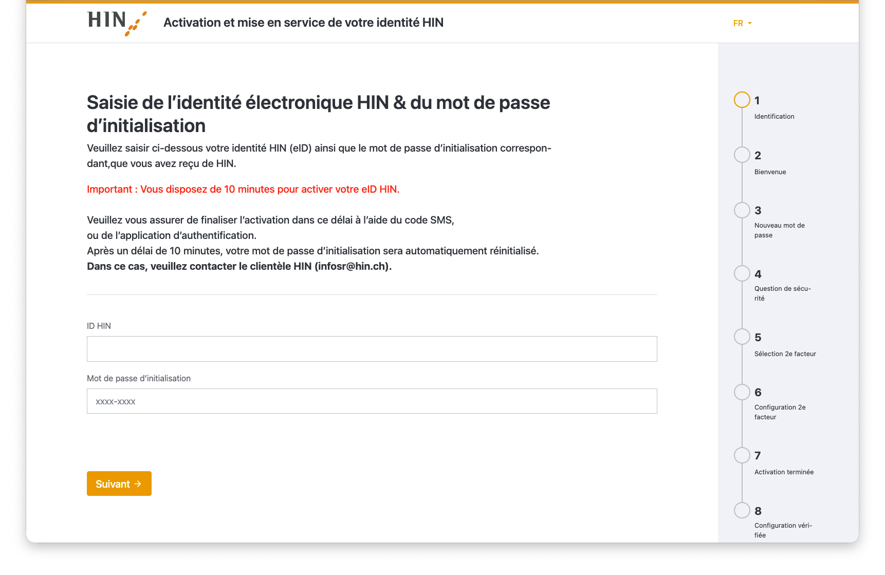 ID Activation Flow Screen 1: ID HIN et mot de passe d'initialisation