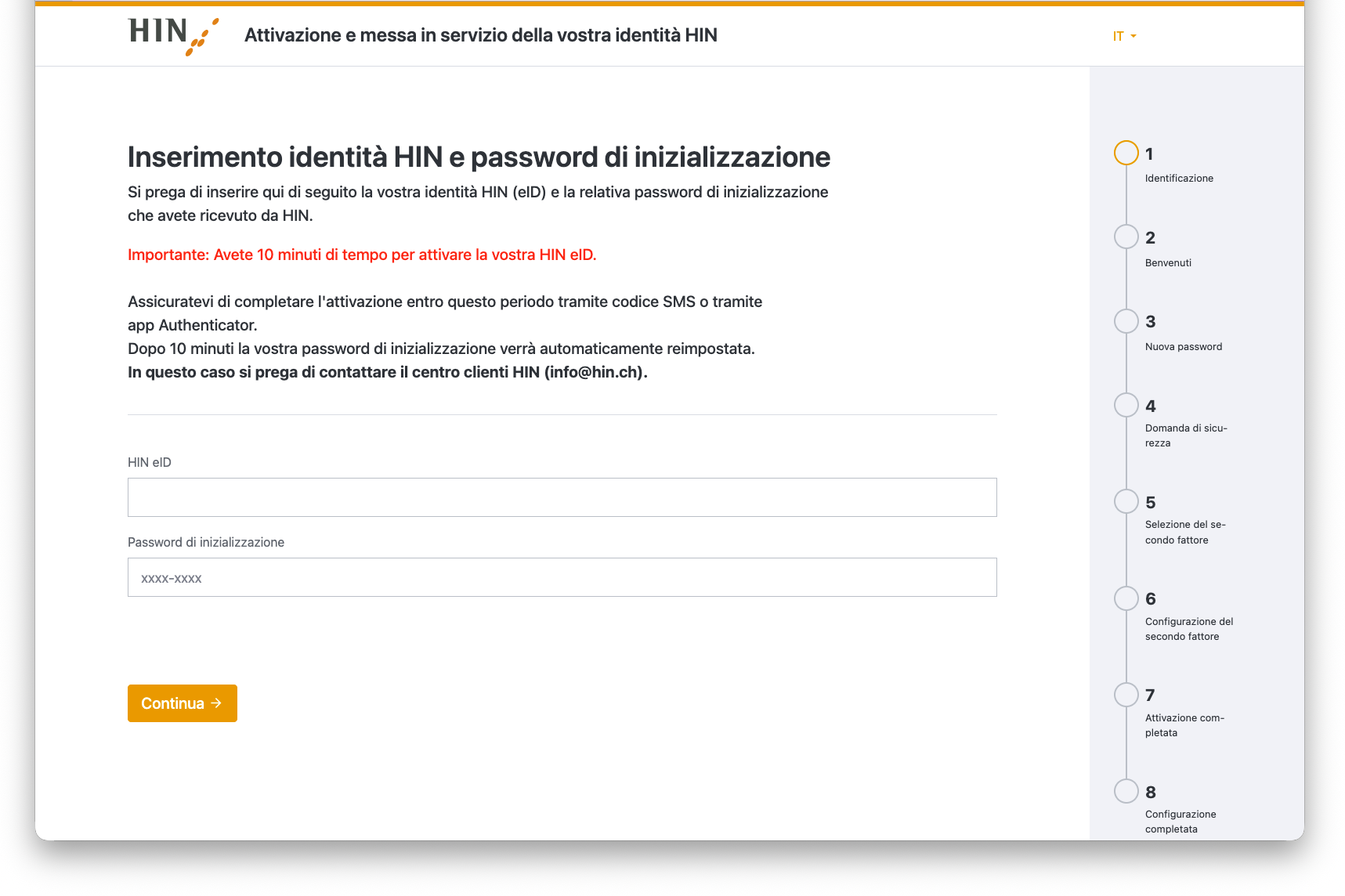 Inserimento identità HIN e password di inizializzazione
