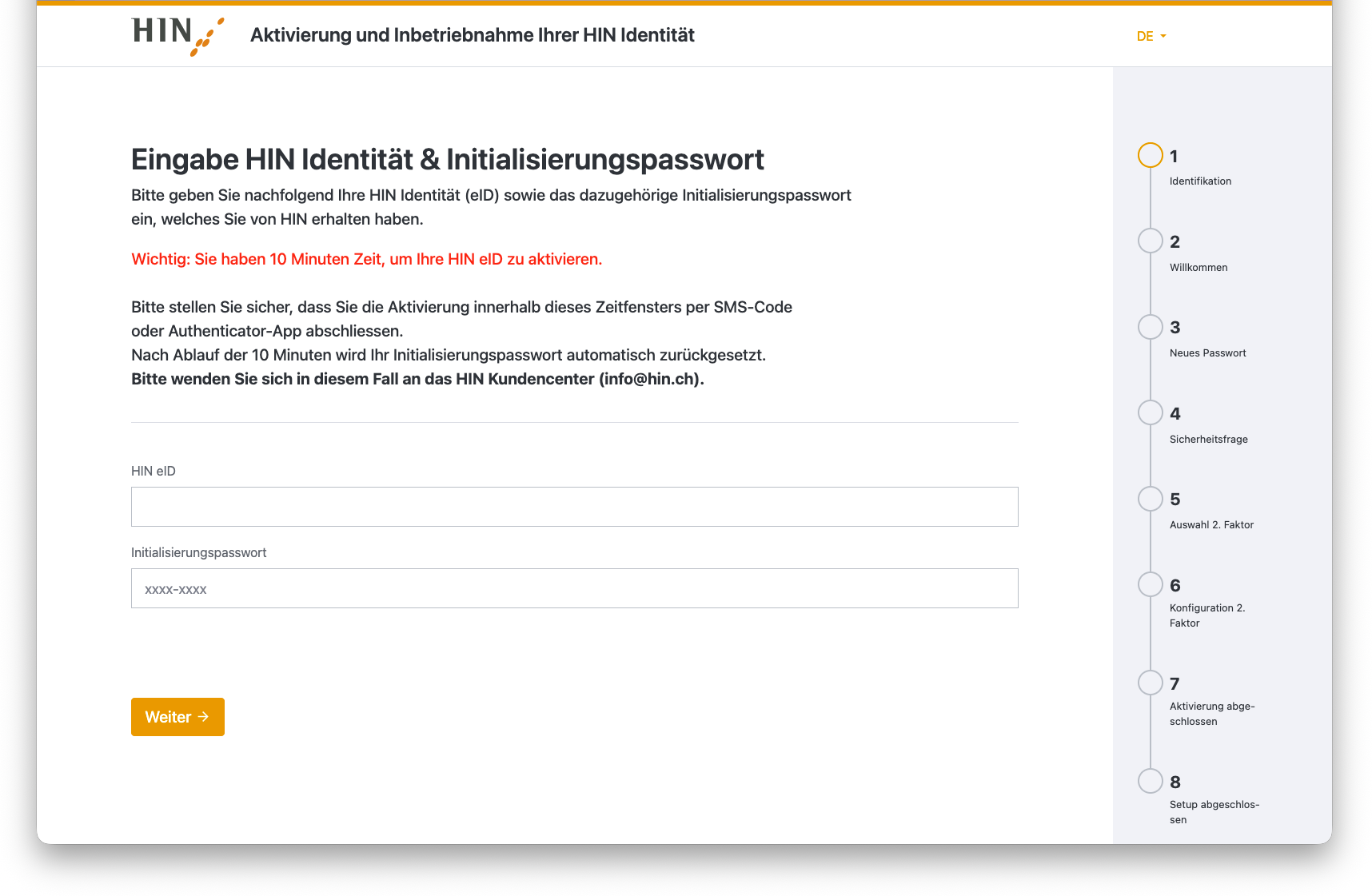 ID Activation Flow Screen 1: Benutzername und Initialisierungspasswort