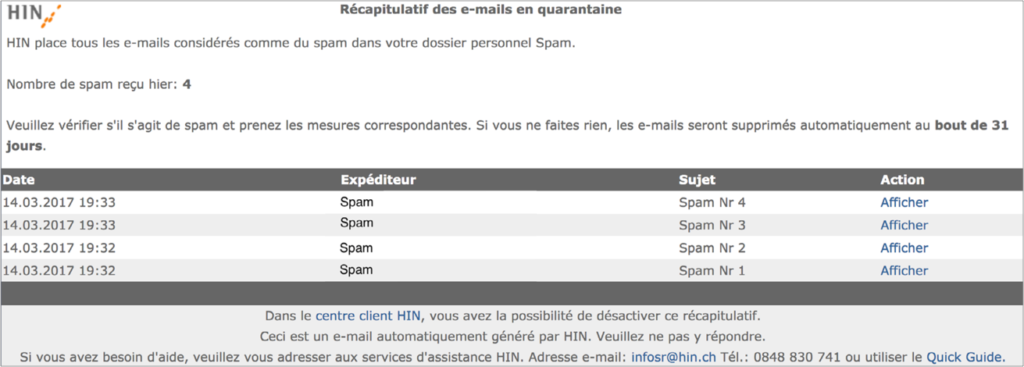Récapitulatif des e-mails en quarantaine